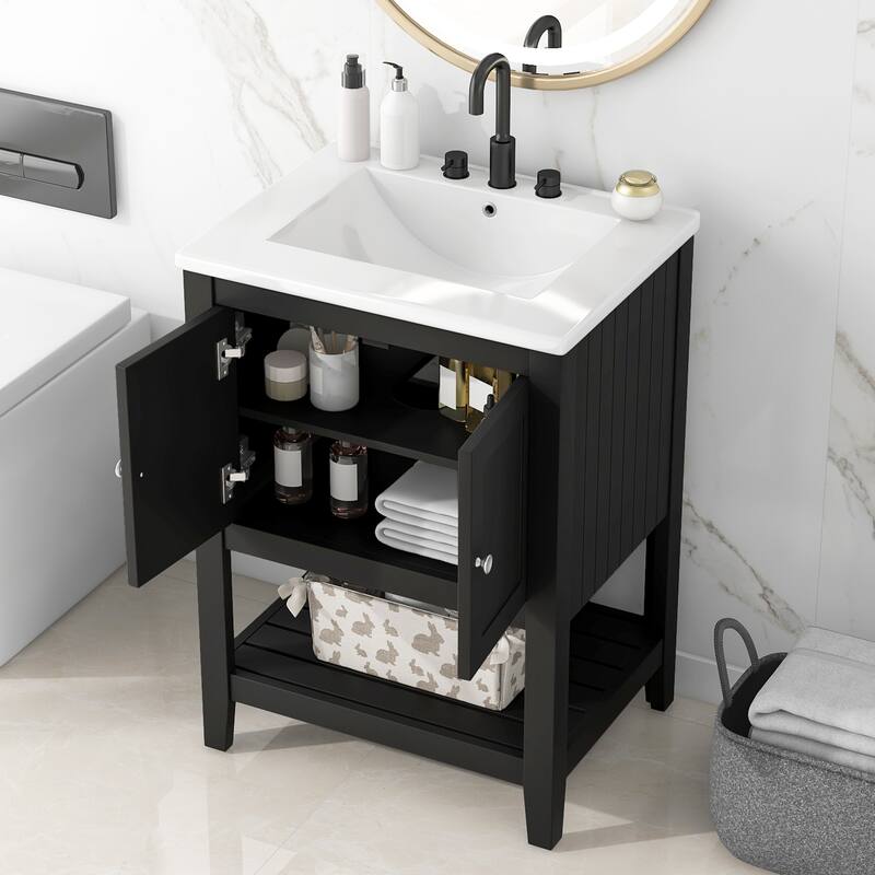 Bathroom Vanity with Sink, Small Storage Cabinet with 2 Soft Closing Doors, Sink Vanity with Solid Wood Frame - Black