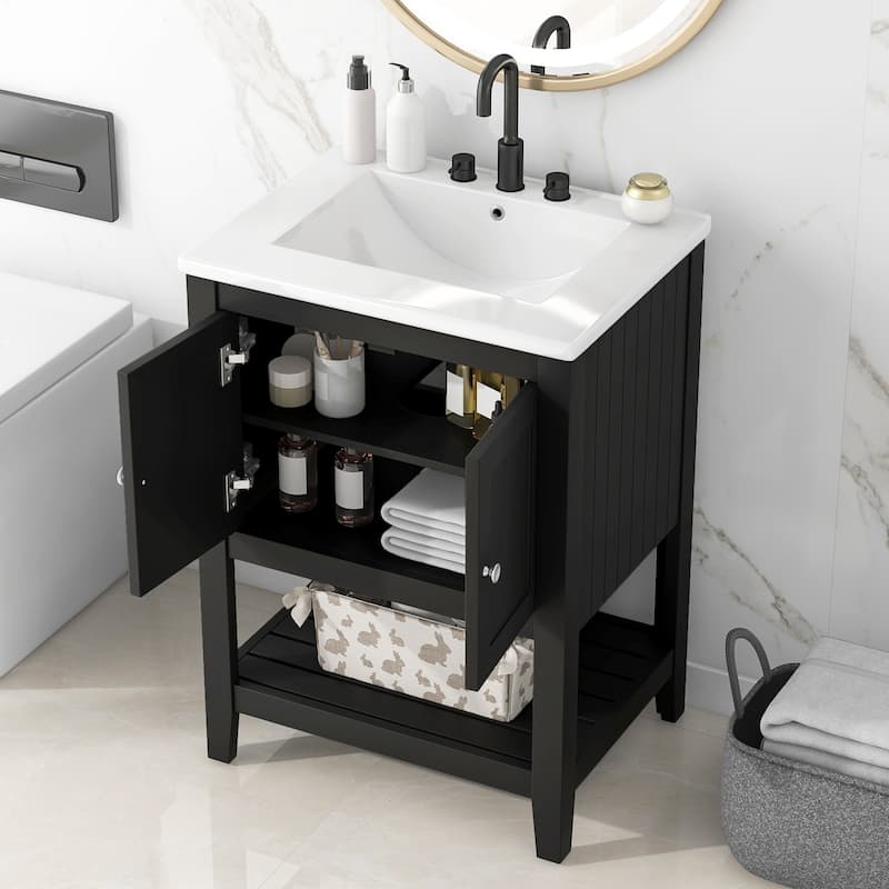 GDFStudio - Genevieve 24" Modern Bathroom Vanity with Ceramic Sink and Solid Wood Frame, Open Shelf Design - Black - 24"