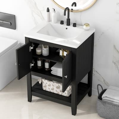 GDFStudio - Genevieve 24" Modern Bathroom Vanity with Ceramic Sink and Solid Wood Frame, Open Shelf Design