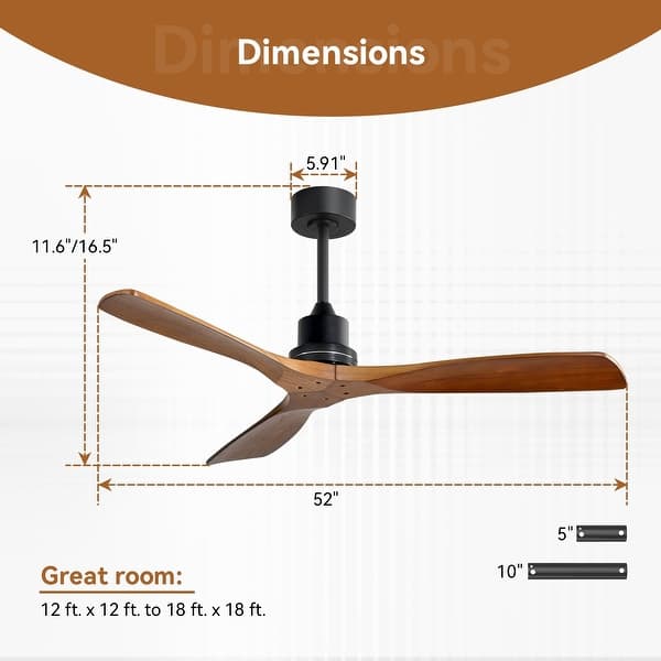 dimension image slide 5 of 10, Sofucor 48/52 Inch Solid Wood Ceiling Fan with Light Optional, 6-Speed Reversible DC Motor and Remote control,Smart Optional