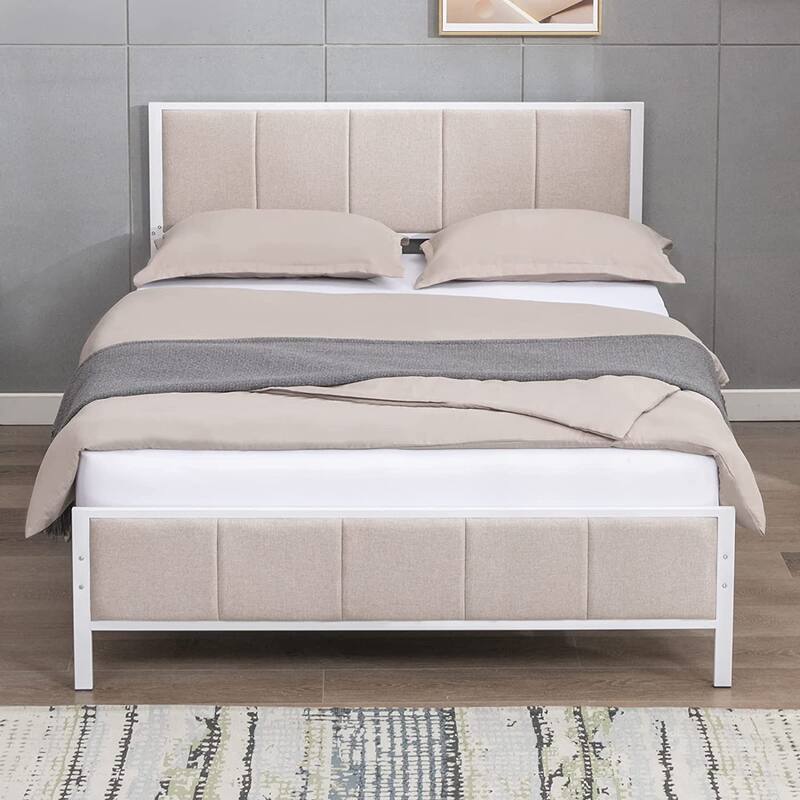 Mixoy Bed Frame, Linen Upholstered Platform Bed Bedroom, Bed Frame with Channel Tufted Headboard, No Box Spring Needed