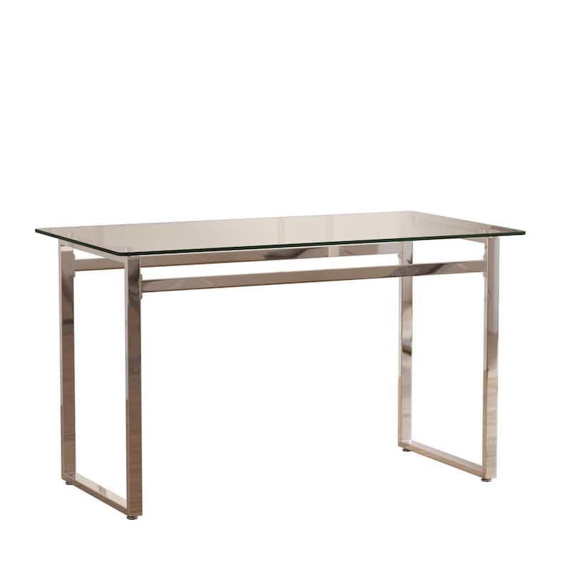 Modern Minimalist Rectangular Glass Dining Table with 0.31" Tempered Glass Tabletop and Silver Chrome Metal Legs