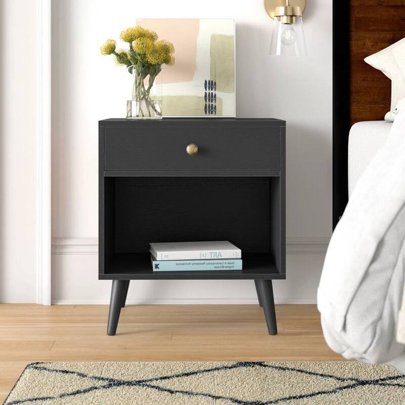 Solid Wood Nightstand with Drawer and Open Shelf
