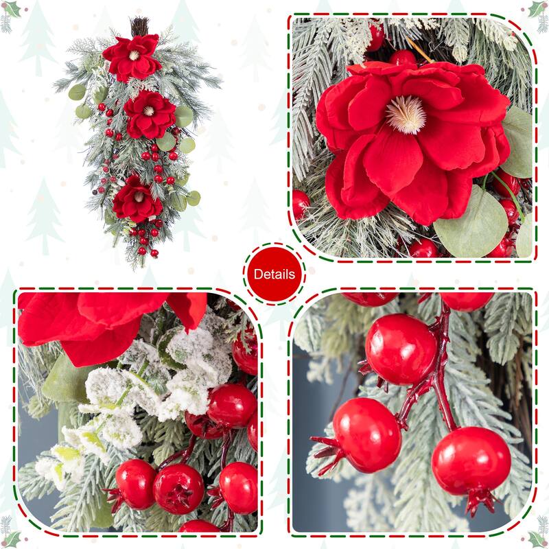 Glitzhome Christmas Red Mangnolia & Berry Wreath Garland Teardrop Hanging Decor