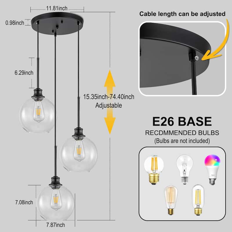 Starsky Modern 3-Light Clear Glass Chandelier Cluster Adjustable Height Pendant Lights for Kitchen Dining Room