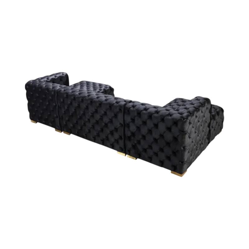 HomeRoots Tufted Black Velvet Modular U Shaped Sofa and Chaise Sectional With Toss Pillows