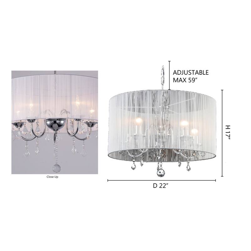 5 Light Chrome Metal Chandelier with White String Shade & Crystal Accents - D22'' H17''
