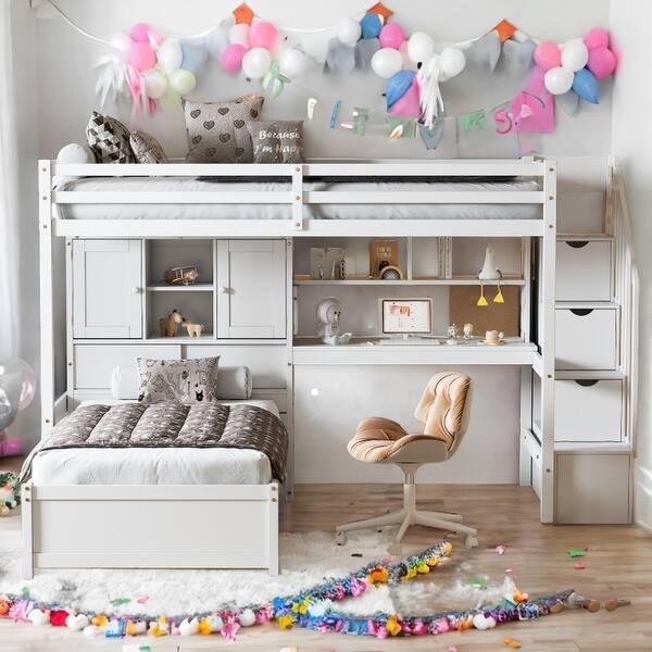 slide 2 of 31, Twin over Twin Loft Bed with Built-in Desk and Storage,Kids Bed Design White