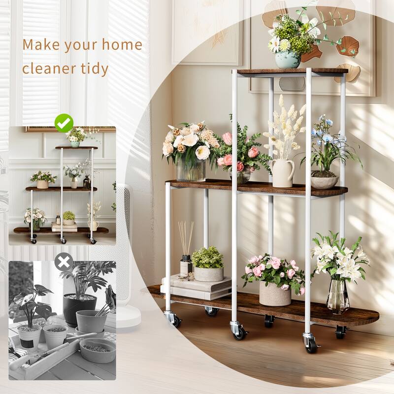 3 Tiers Plant Stand with Wheels Open Ladder Bonsai Holer - 44" W x 12" D x 42.8" H