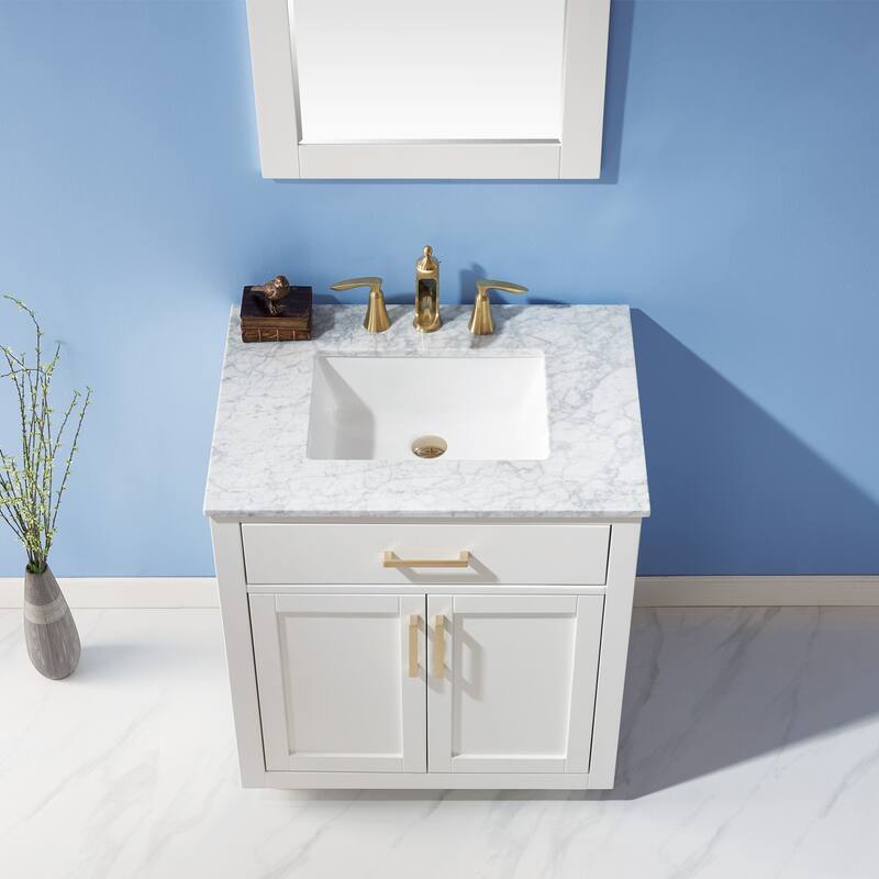 Altair Ivy Single Bathroom Vanity Set and Carrara White Countertop with Mirror