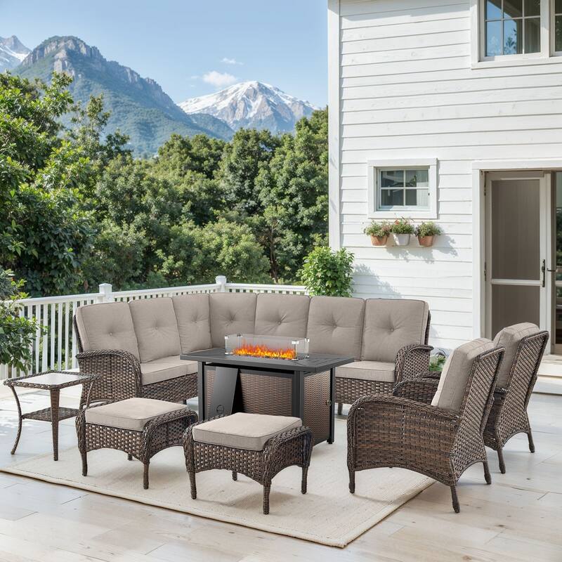 Outdoor Sectional Sofa Chairs Ottomans with Fire Pit Table - Beige - Brown