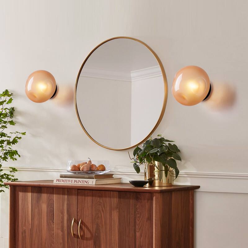 7.1" W Mid-Century Modern Matte Black Wall Sconce with Hand-Blown Smoked Gray/Pink Glass Shade for Bathroom, Staircase