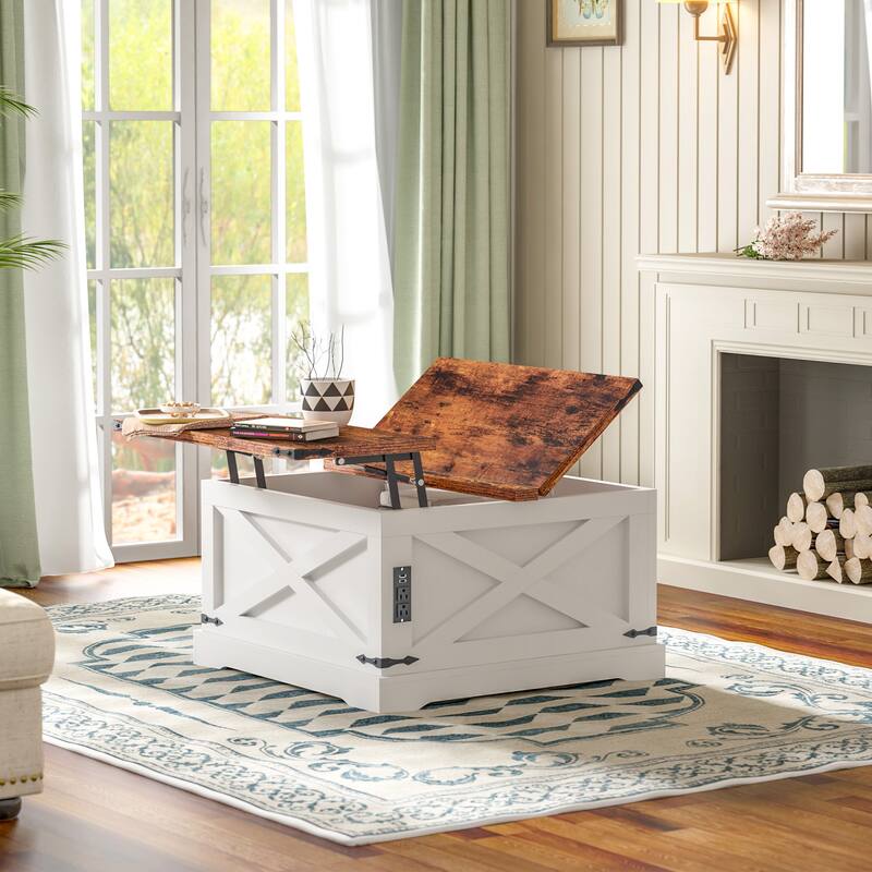 Lift-Top Coffee Table with Storage & Charging Station,Multi-functional Lifting Dining Table Coffee Table - White+Walnut