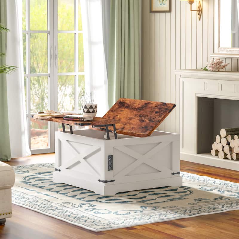 Square Lift-Top Center Table, Coffee Table with Barn Door, Sofa Table with Built-In USB, Dining Table with Power Outlets
