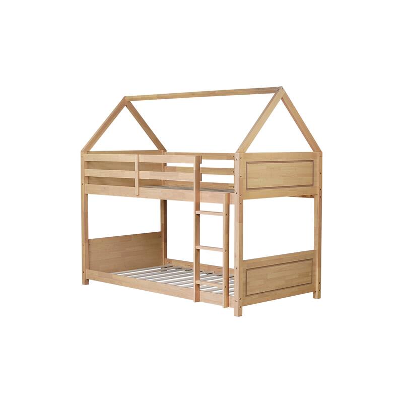 Twin Over Twin House Floor Bunk Bed with Headboards, Footboards, Guardrails, and Ladder, White Oak