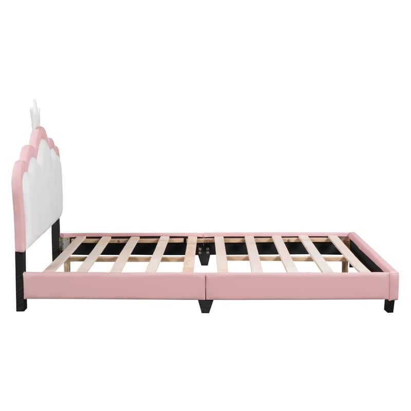 Twin/Full Size Upholstered Princess Bed with Crown Headboard, Cute Platform Bed Frame with Headboard and Footboard for Kids