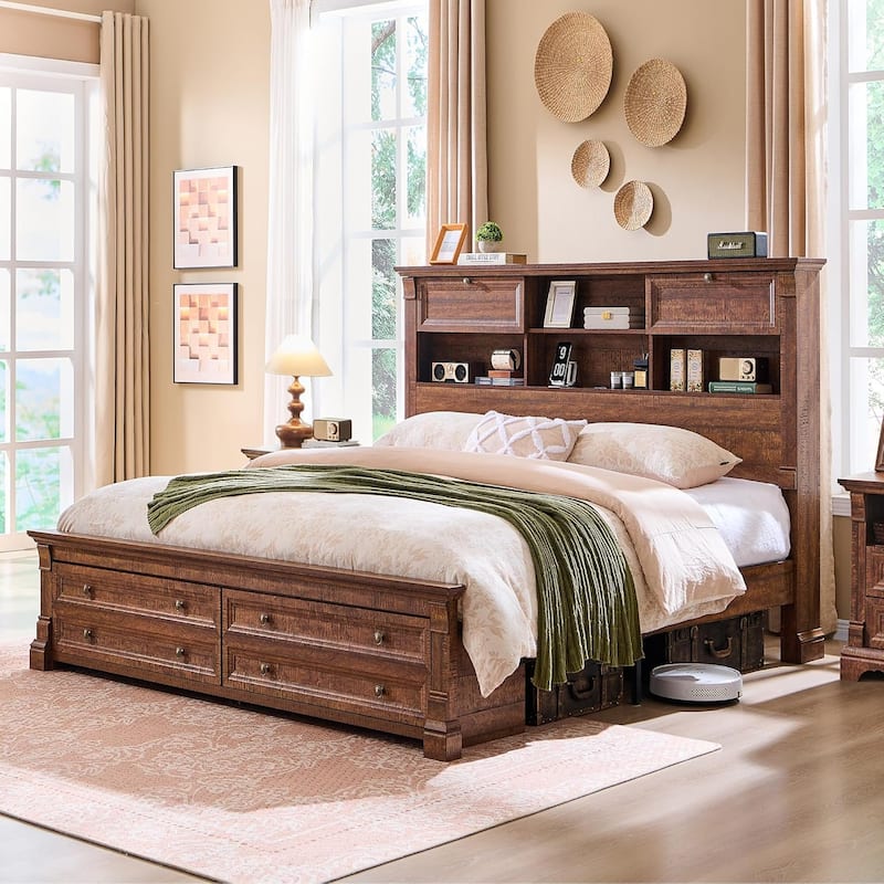 Farmhouse King Size Bed Frame with 54" Tall Storage Bookcase Headboard
