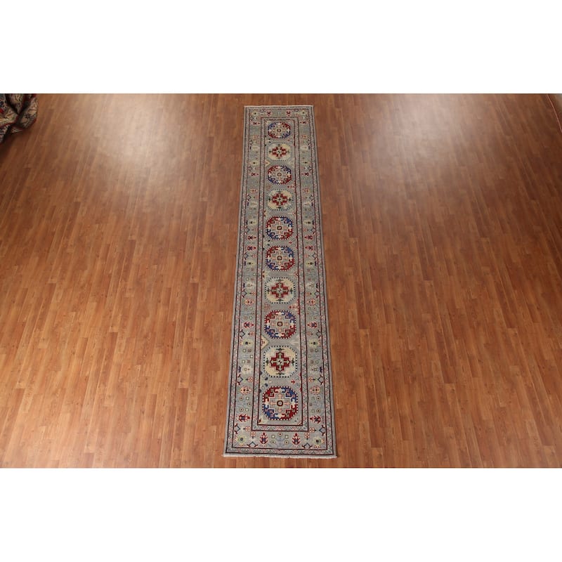 Grey Kazak Runner Rug Handmade Geometric Wool Carpet - 2'9" x 13'5"