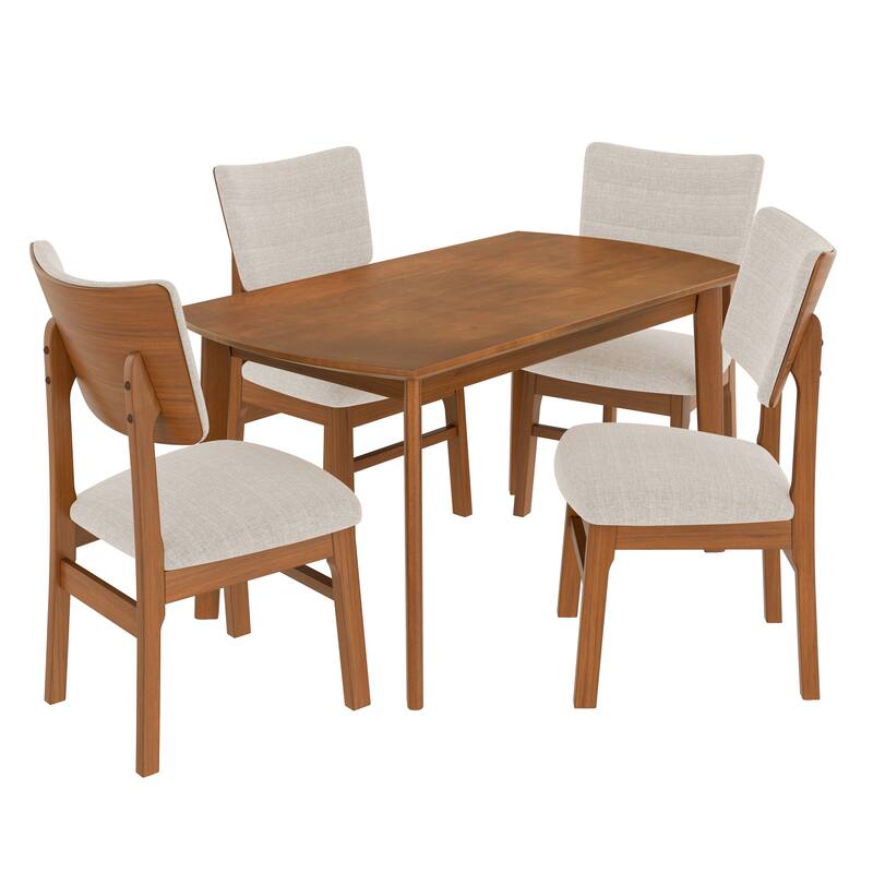 Farmhouse 5-Piece Dining Table Set, Rubberwood Table & 4 Upholstered Chairs Set, Space-Saving Dining Room Dining Set