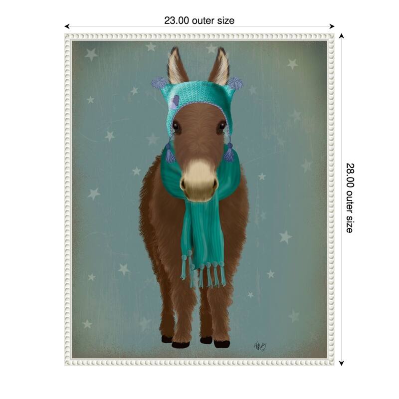 Donkey Blue Hat and Scarf by Fab Funky (23 x 28 in.), Framed Canvas Wall Art Print - Sylvie Beaded White