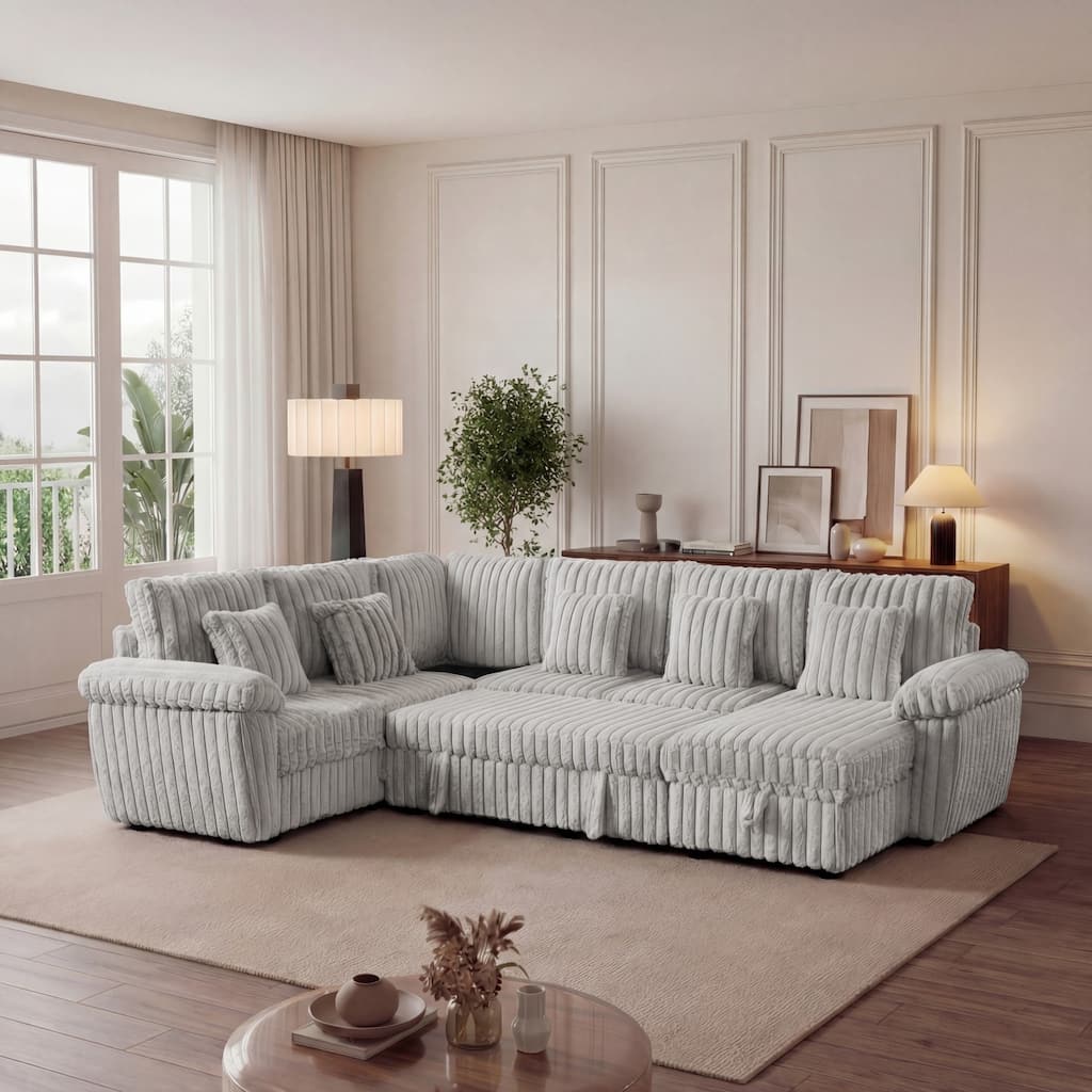 103" Corduroy Sectional Sofa with Storage, Corner Table and Pull-out Bed
