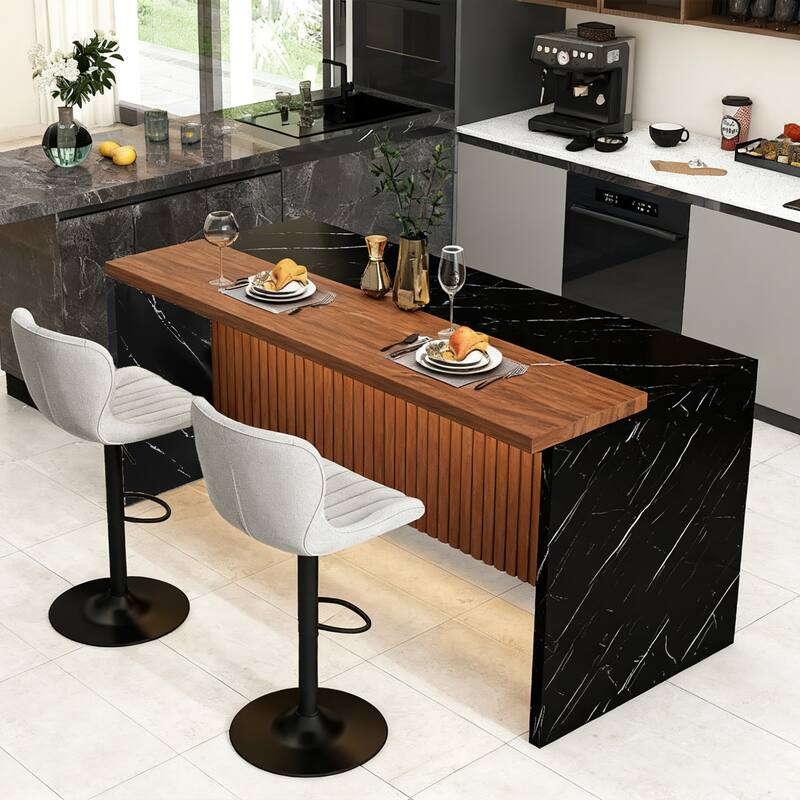 63" Modern Kitchen Island with Marble-Look Surface, LED Lights & Grille Design for Dining Room, Living Room