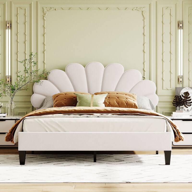 Modern Queen Size Platform Bed, Velvet Upholstered Bed Frame with Flower Pattern Headboard and Solid Wood Slats Support