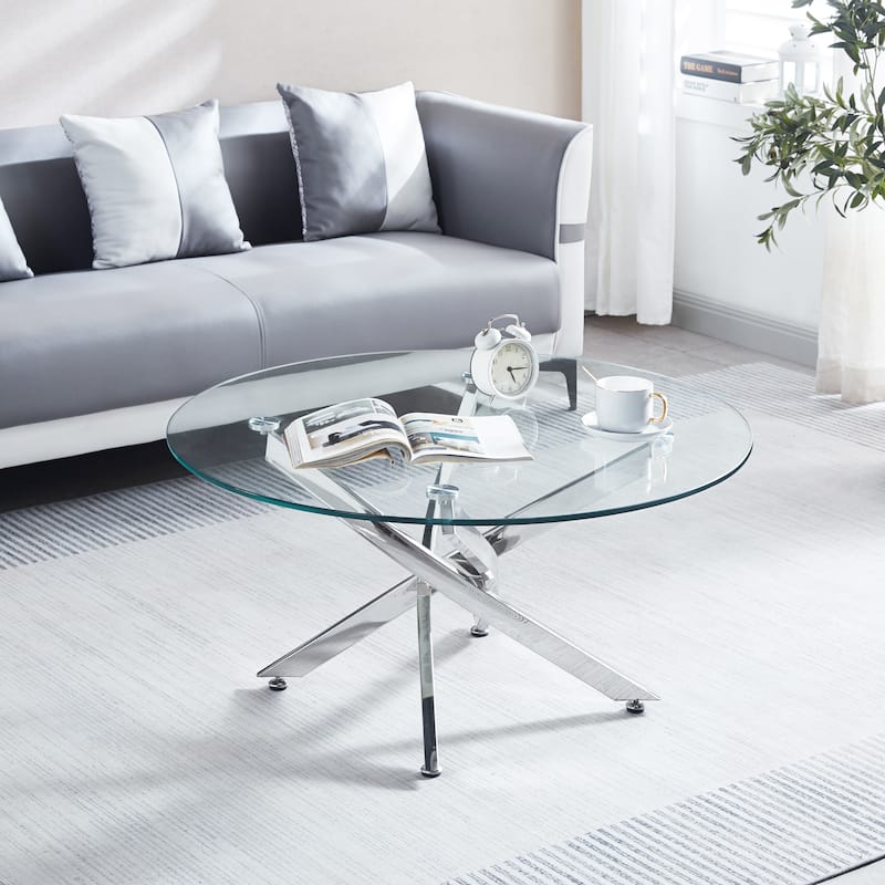 Modern Round Tempered Glass Coffee Table with Chrome Legs & Sculptural