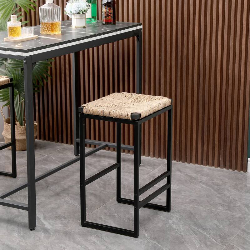 Set of 2 Backless Bar Stools, Paper Rope Backless/Water Hyacinth Backless