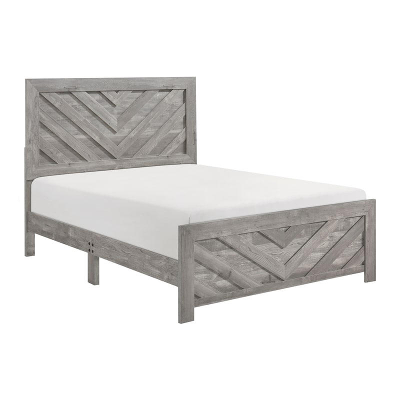 Queen Size Wood Panel Bed with V-Pattern Headboard and Contemporary Rustic Style