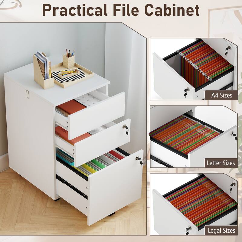 Gymax 3-Drawer File Cabinet Rolling File Organizer w/ Lock & 4 Keys
