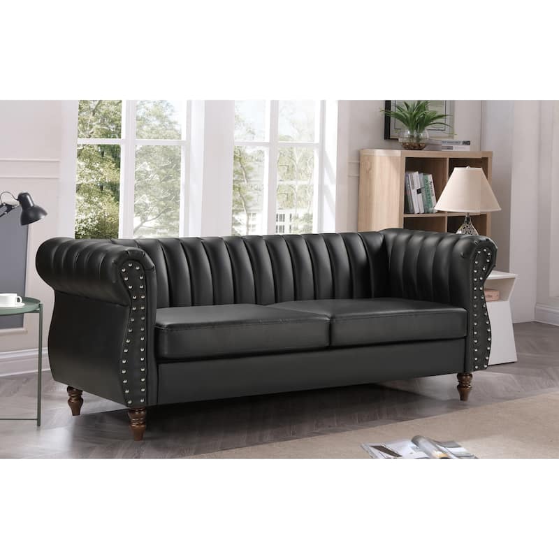 Capri Faux Leather Chesterfield Rolled Arm Sofa - Black
