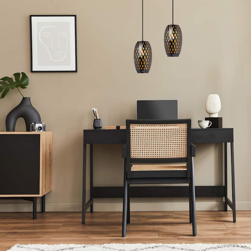 Adriana River of Goods Black Metal and Amber Glass 6-Inch Pendant Light with Adjustable Hanging Cord - 6" x 6" x 70.75"
