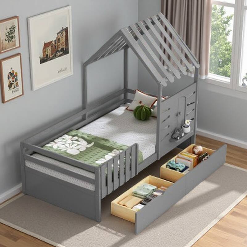 Twin House Frame Bed for Kids with Windows, Roof Design, Guardrails & Underbed Storage - Gray