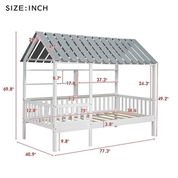 Wood Twin Size House Bed with Roof /Guardrail and Shelves