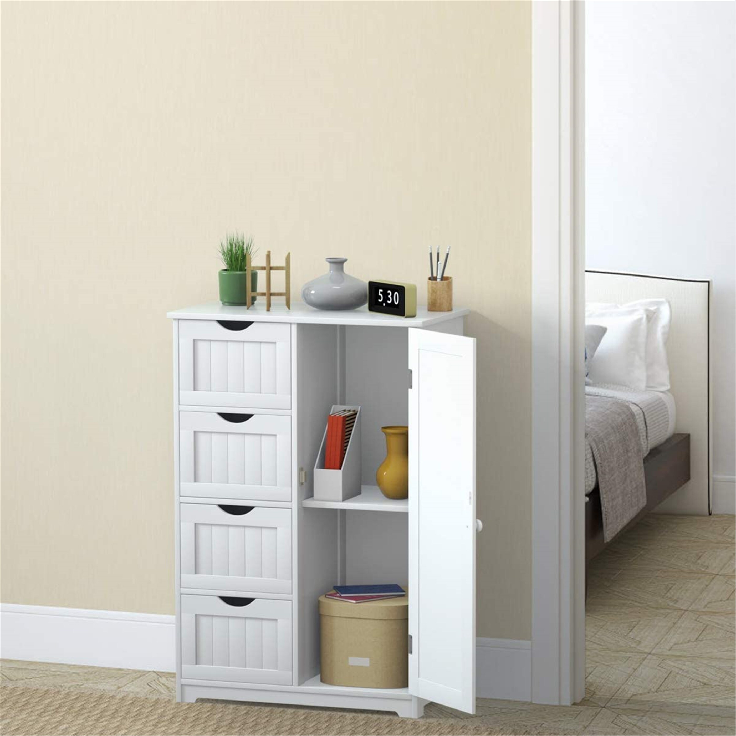 Giantex Bathroom Floor Cabinet Wooden 1 Door & 4 Drawer Free Standing Wooden Entryway Cupboard Spacesaver Cabinet White HW54899