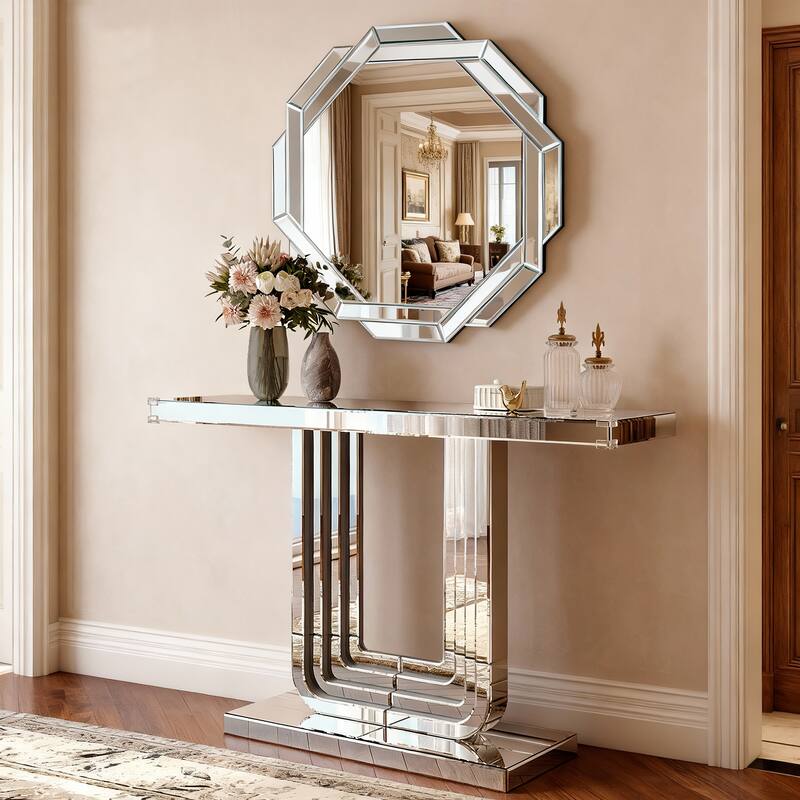 GDF Studio - Modern Silver Mirrored Console Table with U-Shaped Base