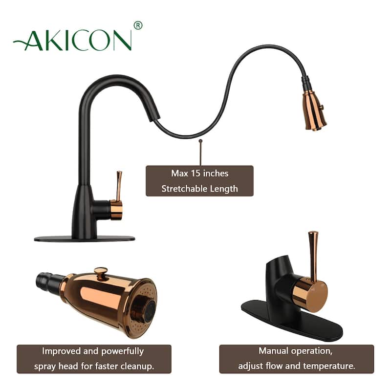 One-Handle Matte Black and Rose Gold Pull Down Kitchen Faucet with Deck Plate - 5 Years Warranty - 16x8.2
