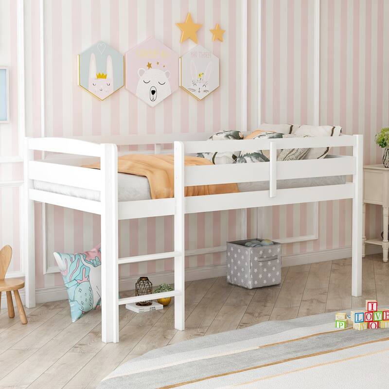 Twin Size Loft Bed with Ladder, Twin Bed Frame for Kids, Boys, Girls, Solid Wood Low Loft Bed Frame with Full-Length Guardrails