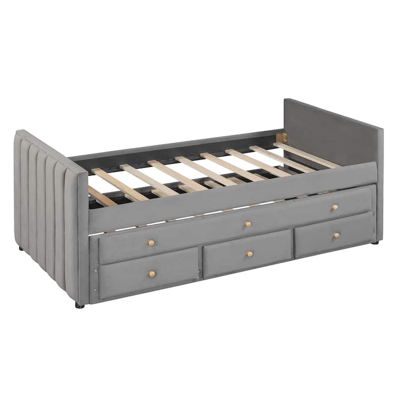HomeRoots Dark Gray Tufted Velvet Upholstered Full Day Bed With Trundle And Drawers