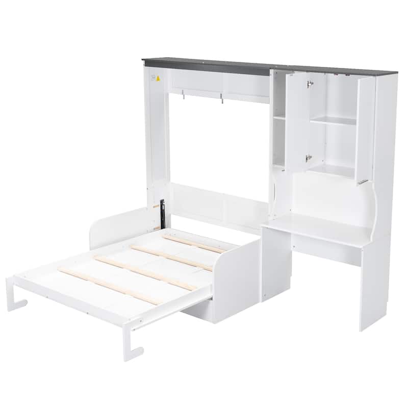 Space-saving Foldable Bed Design Murphy Bed Foldable Platform Bed with Sofa, All-in-one Storage Bookcase Cabinet and Desk