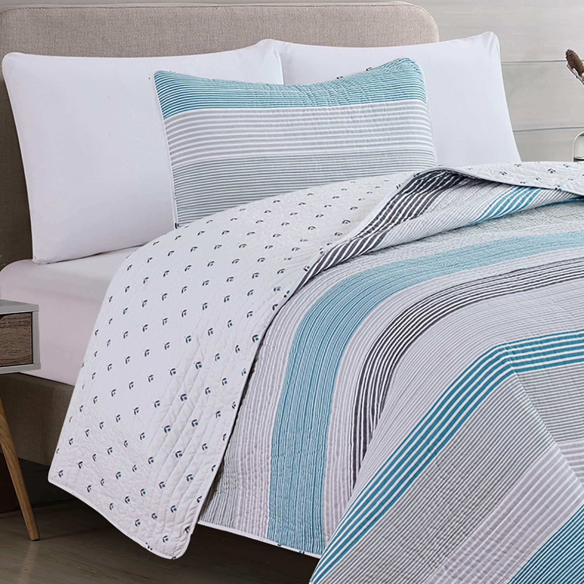 Premium Striped Microfiber Quilt Set With Shams - On Sale - Bed