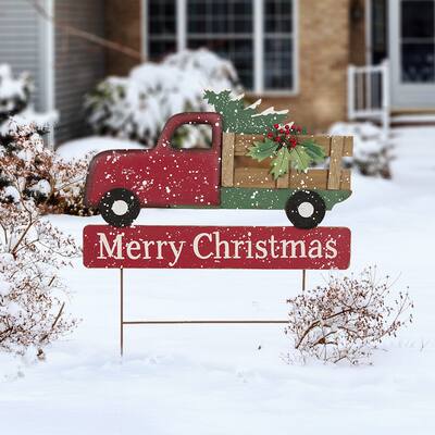 Glitzhome Metal Merry Christmas Truck Yard Stake Garden or Wall Decor