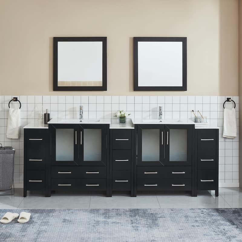 Vanity Art 96" Double Sink Bathroom Vanity Set 13 Dove-Tailed Drawers 5 Cabinets 2 Shelves, Soft-Closing Doors with Free Mirror - Espresso