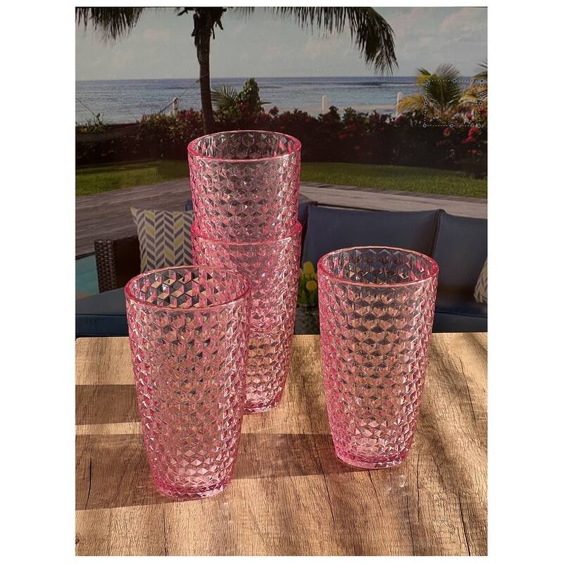 Diamond Cut Acrylic Glasses Drinking Set of 4 (19oz), Plastic Drinking Glasses, BPA Free Cocktail Glasses