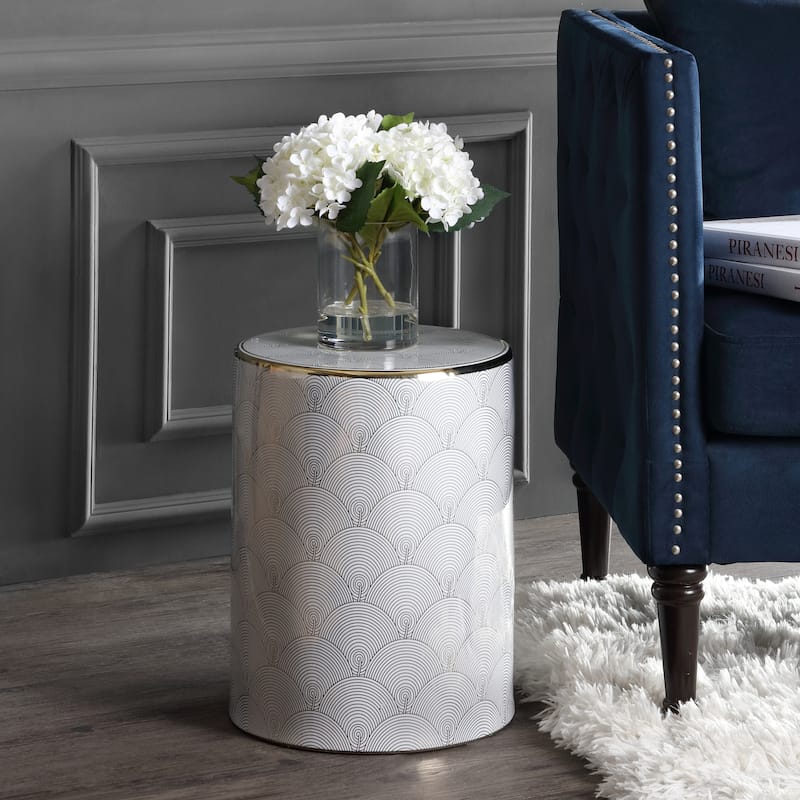 Fish Scale 17" Modern Ceramic Garden Stool, White/Gold by JONATHAN Y