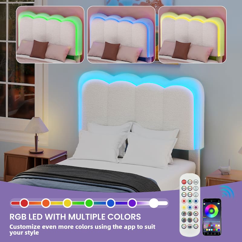 Adjustable Headboard Lamb Wool Bed Frame with Drawer and Charging Station & LED Lights
