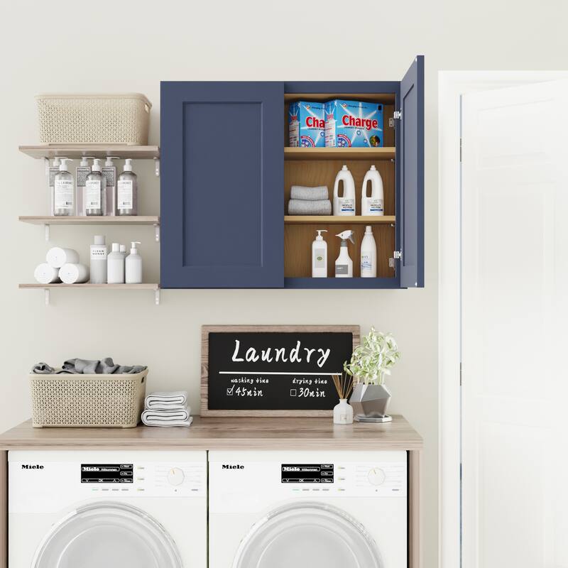 Navy Blue Shaker 36" Solid Wood Wall Cabinet, Soft Close Hinges, Adjustable Shelves, Double Door for Kitchen