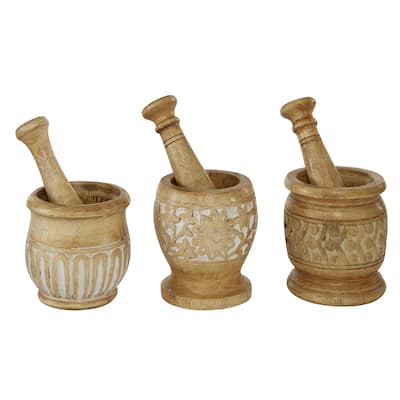 Wood Mortar And Pestel - Set of 3 Brown - Roche River Decor - 6"W x 5"L x 8"H