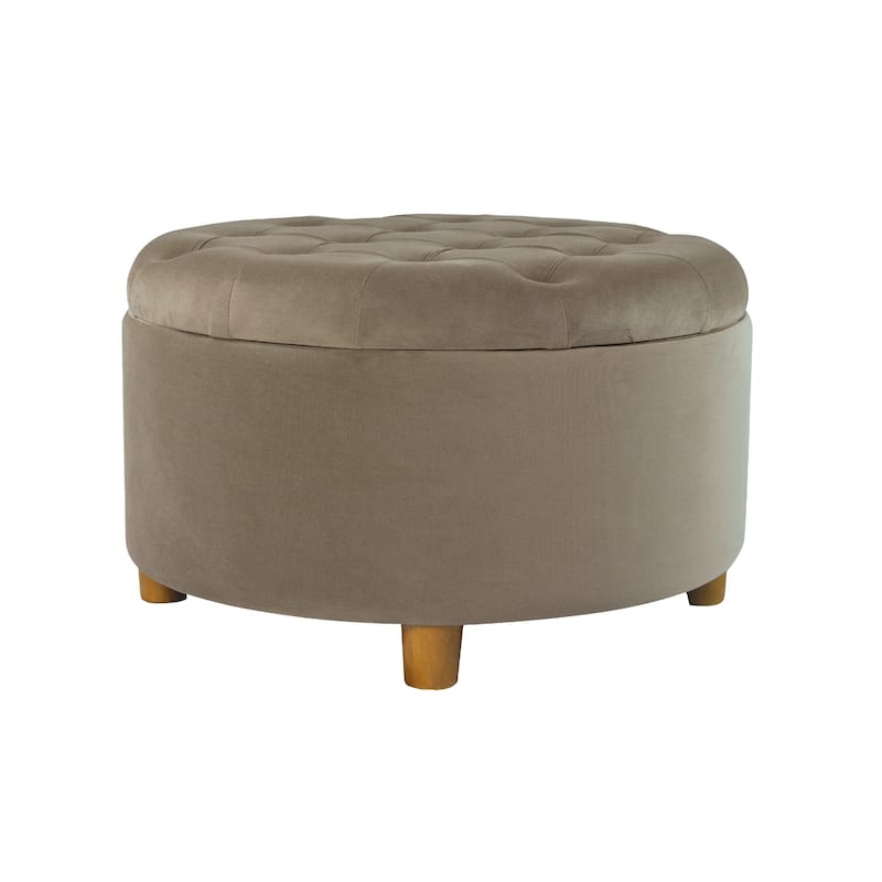 Jo Storage Ottoman, 28 Inch Round Tufted Lift Top, Fawn Brown Velvet